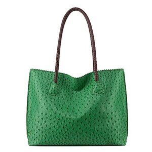 Green Tote Bag for Women with Zipper Large Ostrich Vegan Leather Shoulder Bag